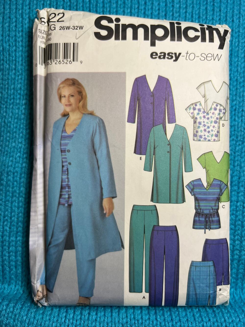 Simplicity 5622 pattern long jacket top pants skirt size 26w-32w